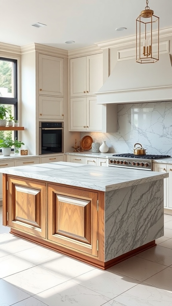Kitchen island with natural stone countertop and wooden base