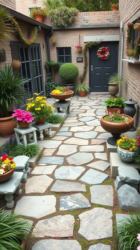 A cozy natural stone pathway surrounded by colorful flowers and greenery.