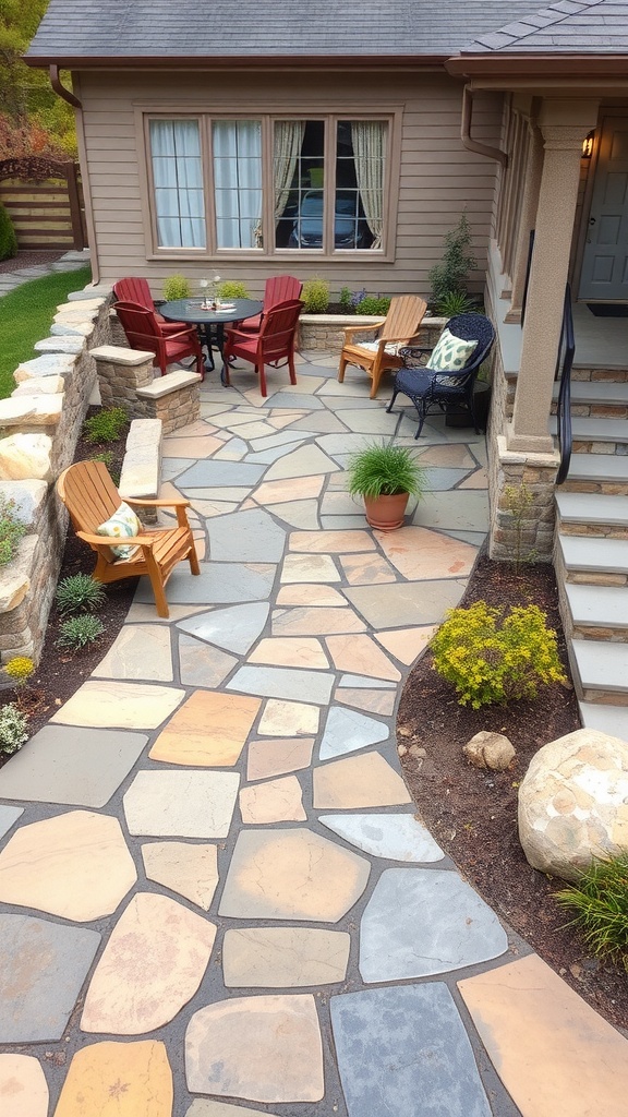 A beautiful natural stone patio with a mix of colored stones, surrounded by chairs and plants.