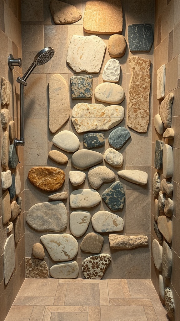 A shower niche featuring a wall decorated with various natural stones, creating a serene and earthy atmosphere.