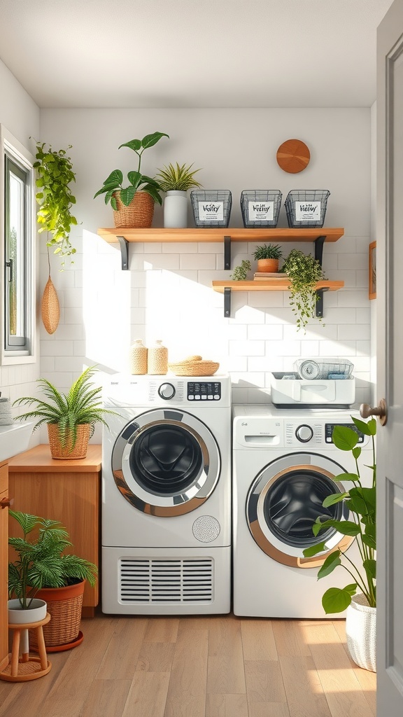 A bright laundry room featuring natural wood shelves and cabinetry, with plants and organized baskets.