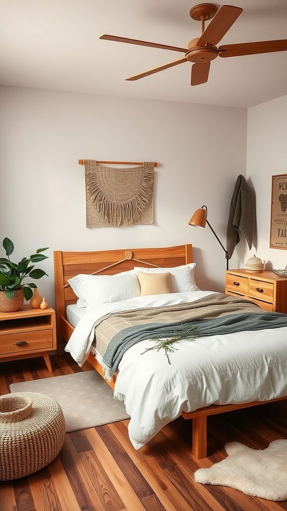 A cozy bedroom featuring natural wood accents, soft textiles, and greenery.