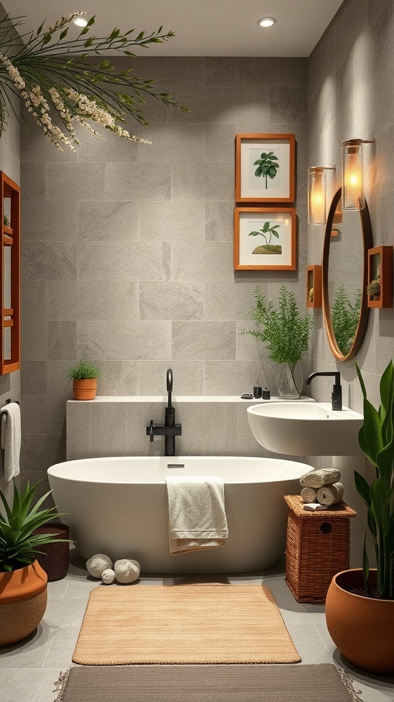 A serene bathroom featuring a large soaking tub, plants, and earthy tones.