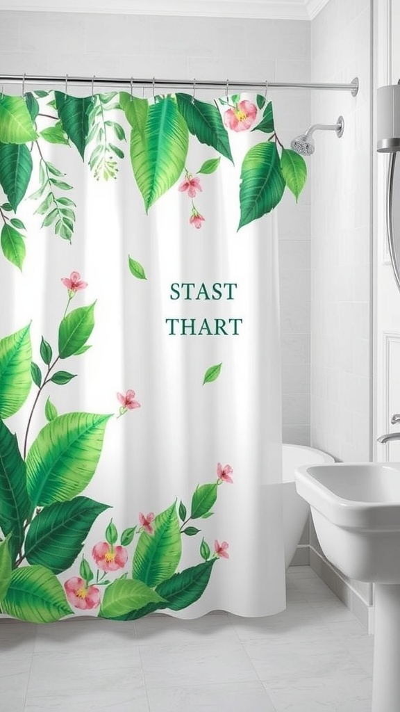 A shower curtain featuring green leaves and pink flowers in a bathroom setting.