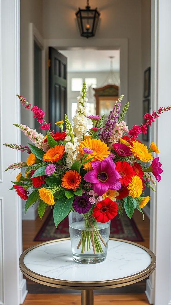 A colorful bouquet of flowers on a small table at the entrance of a home.