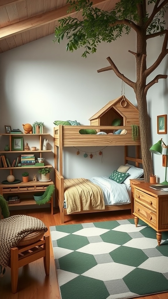 A nature-inspired boys bedroom featuring a tree structure, bunk bed resembling a treehouse, and earthy color tones.
