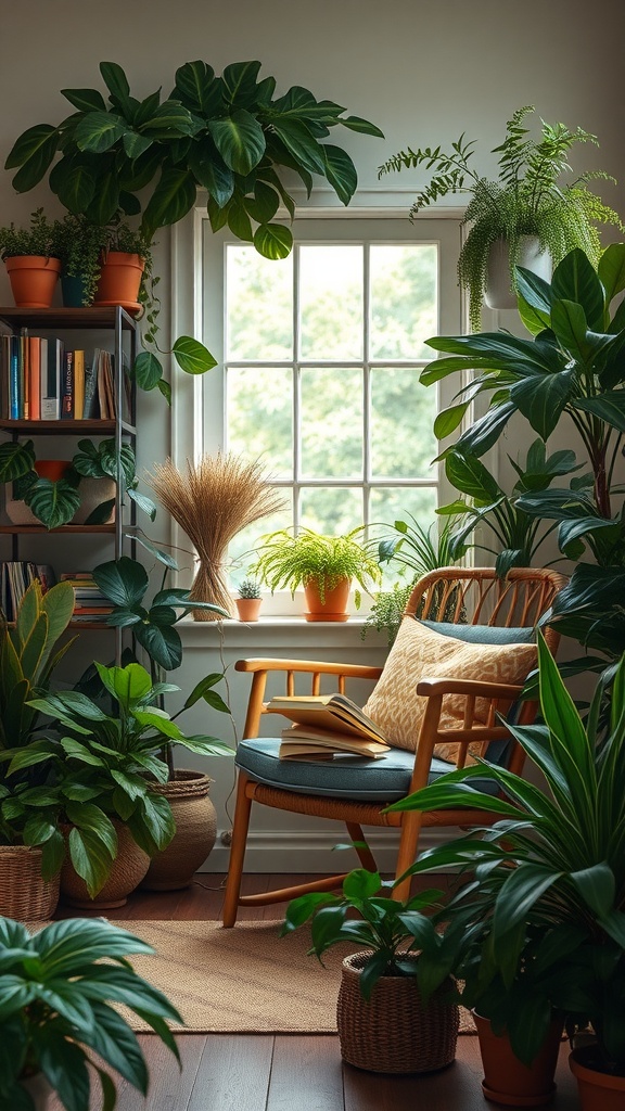 Cozy reading nook with plants and a comfortable chair by the window