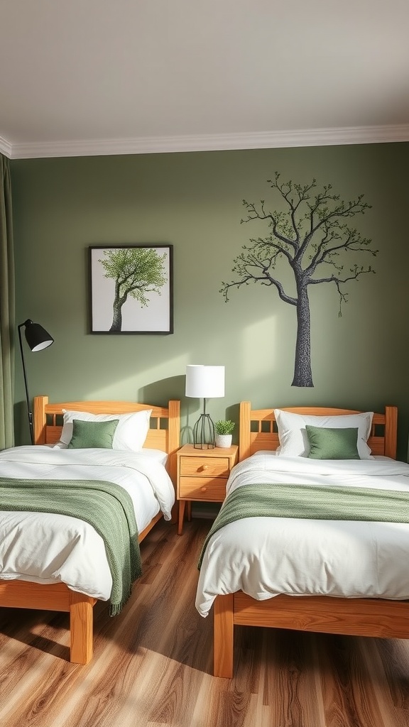 A boys' bedroom featuring twin beds with green accents, a nature-themed mural, and a warm wooden design.