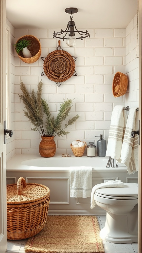 A rustic bathroom featuring white brick walls, woven baskets, and natural plants, creating a cozy atmosphere.