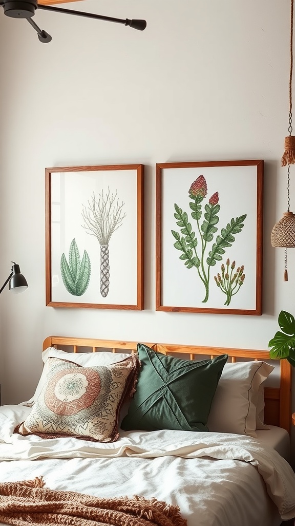 Two framed botanical prints on a bedroom wall, featuring plant illustrations.