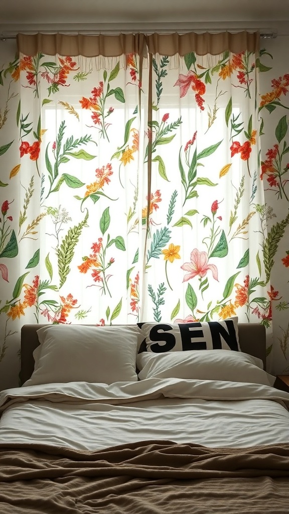 Colorful botanical print curtains behind a bed with white pillows and a beige blanket