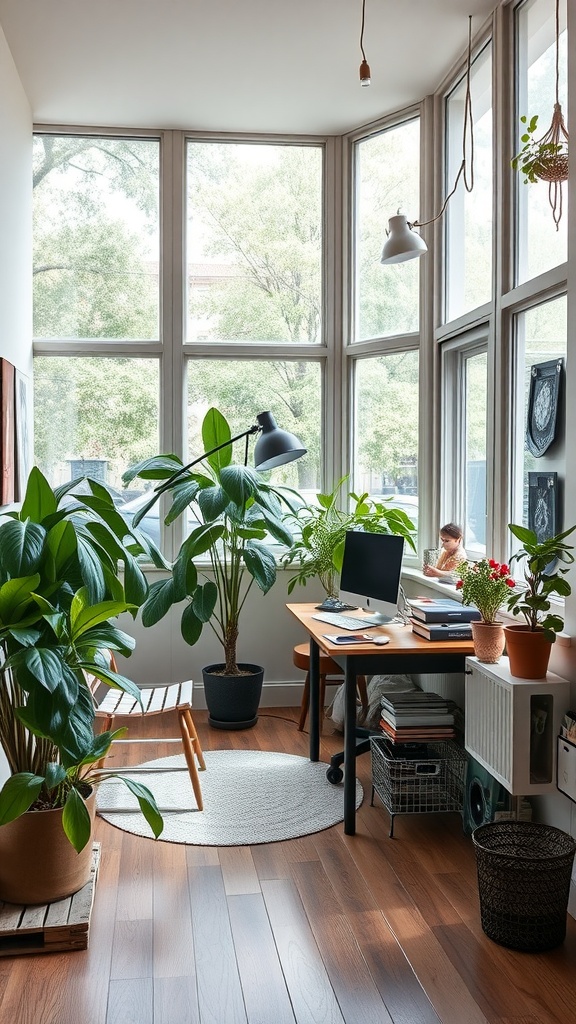 Cozy home office filled with plants and natural light from windows