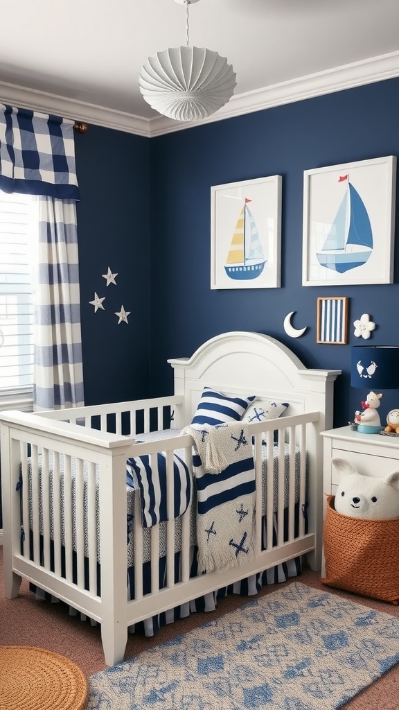 A nautical-themed nursery featuring a white crib, navy blue walls, striped bedding, and nautical decor.