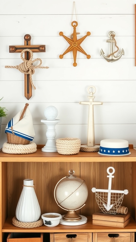 A display of nautical themed accessories including a wooden star, anchor, cross, globe, and decorative boat.