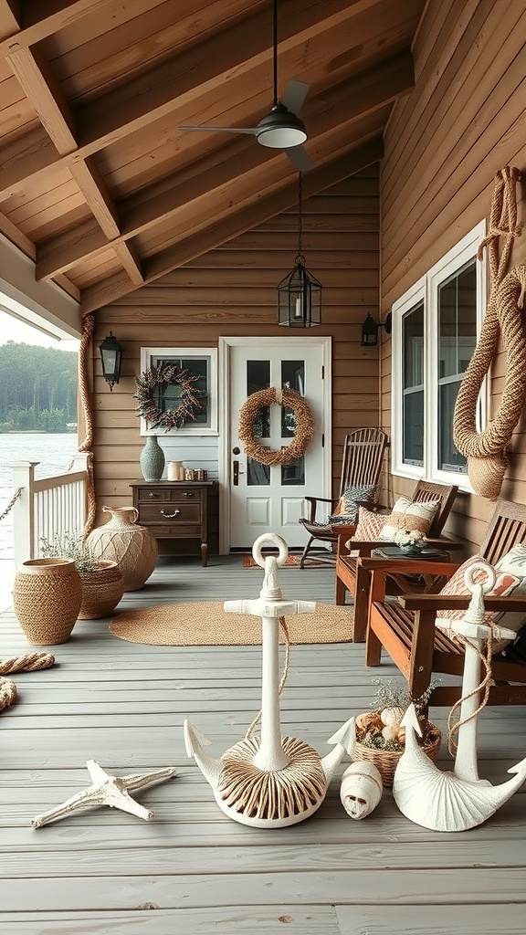 A cozy lake house porch with nautical themed accessories including anchors, starfish, and wicker baskets.