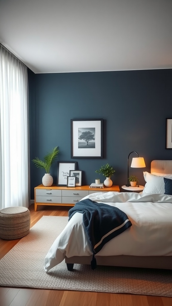 A cozy bedroom featuring a navy blue accent wall, light furniture, plants, and warm lighting.