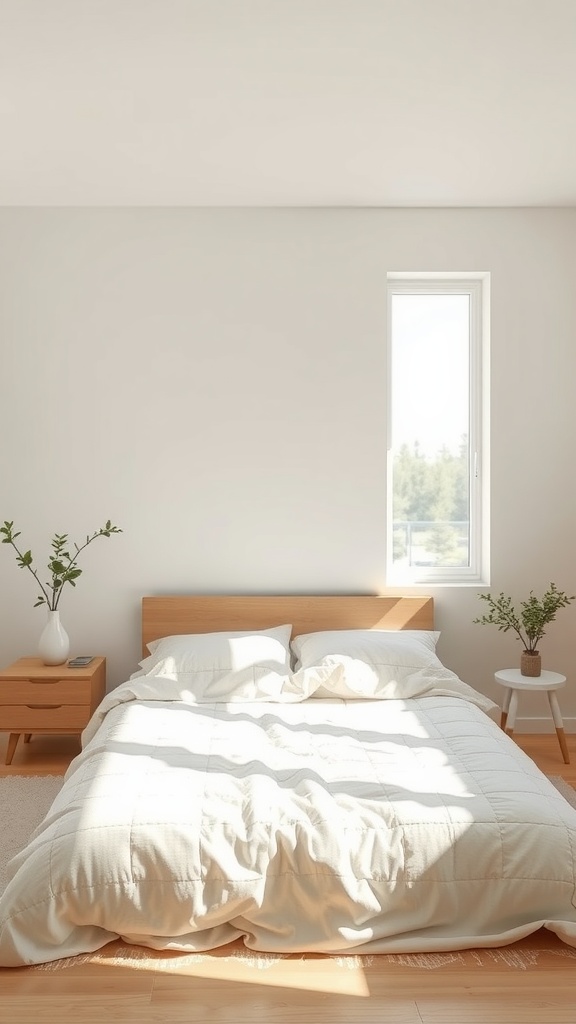 Minimalist bedroom with neutral colors, wooden furniture, and natural light