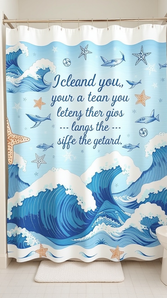 Ocean-themed shower curtain featuring waves and starfish