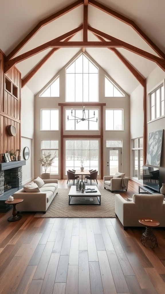 A spacious open-concept living area in a modern barn house featuring large windows and wooden beams.