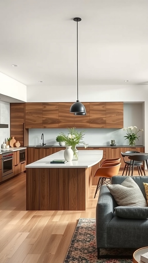 Modern open concept kitchen with a stylish island and warm wood finishes