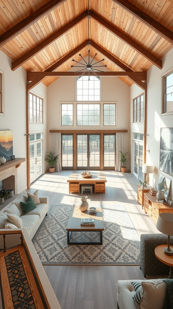 A bright open concept living room with high ceilings, wooden beams, large windows, and cozy furniture.