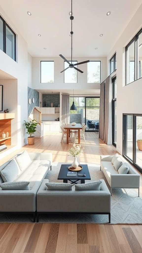A spacious organic modern living room with large windows, high ceilings, and a cozy furniture arrangement.