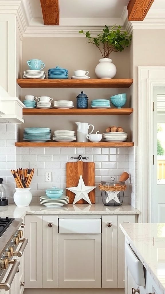 Open shelving in a coastal kitchen displaying plates, cups, and decorative items