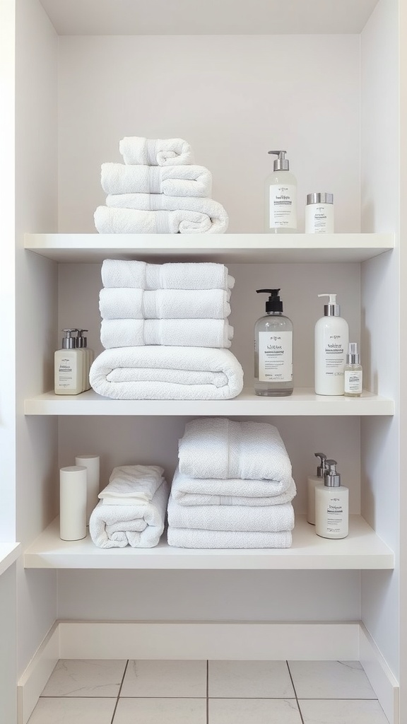 Open bathroom shelves with neatly stacked white towels and various toiletries