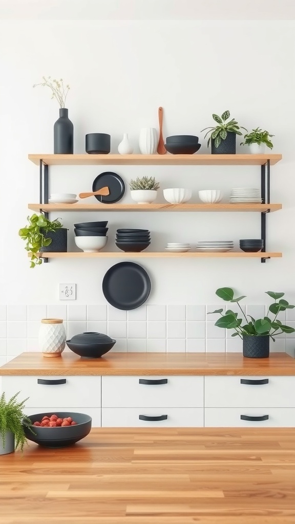Open shelving displaying black and white dishware in a modern kitchen with a wooden countertop