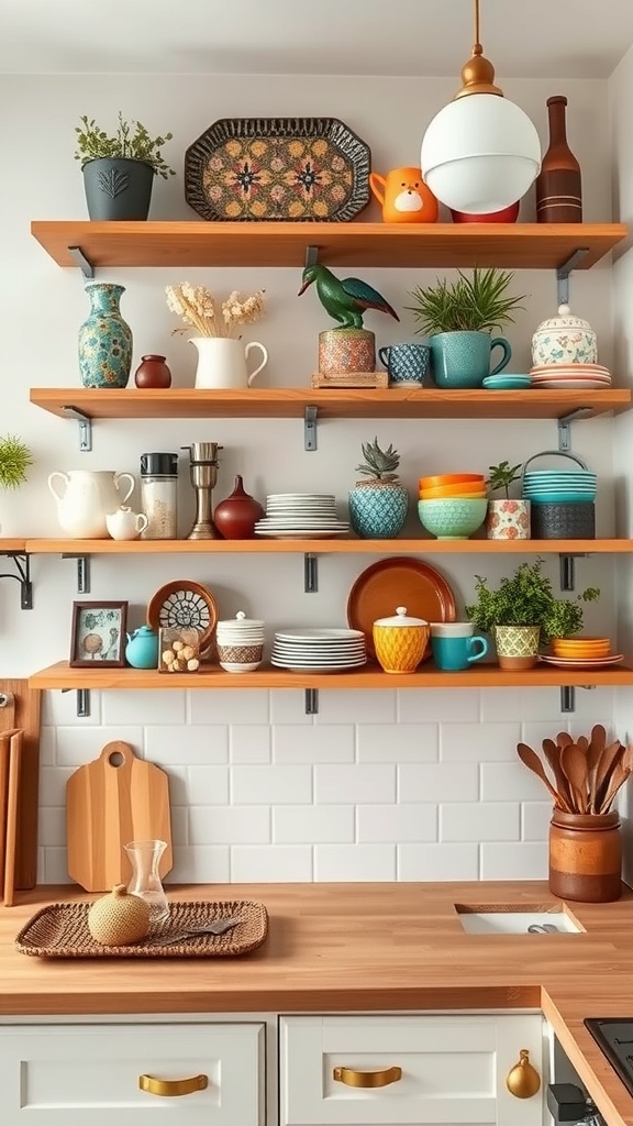 Colorful open shelving in a kitchen with various decorative items and plants