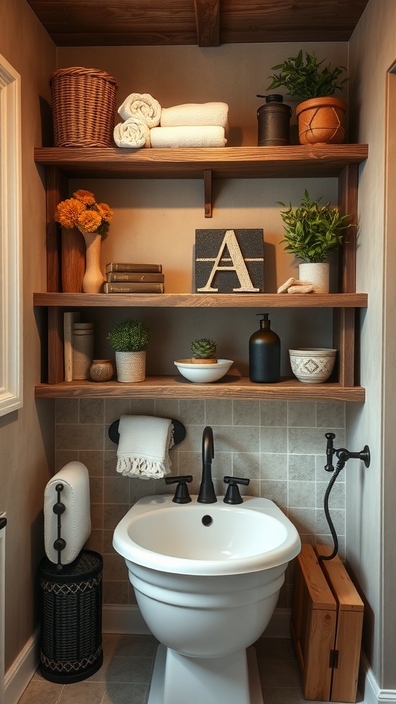 Rustic bathroom with open shelving displaying towels, plants, and decor items.