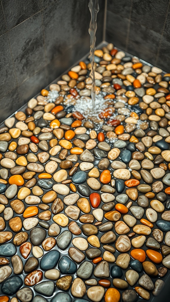 Close-up of a rustic pebble shower floor with a stream of water flowing over colorful stones.