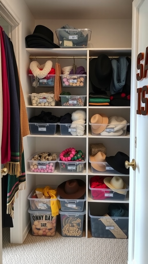 Organized small walk-in closet with clear bins for accessories