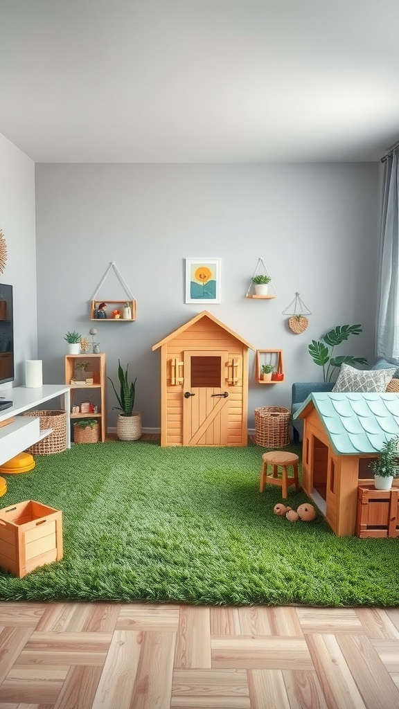 Indoor play area with a grassy carpet, wooden playhouses, and colorful decorations.