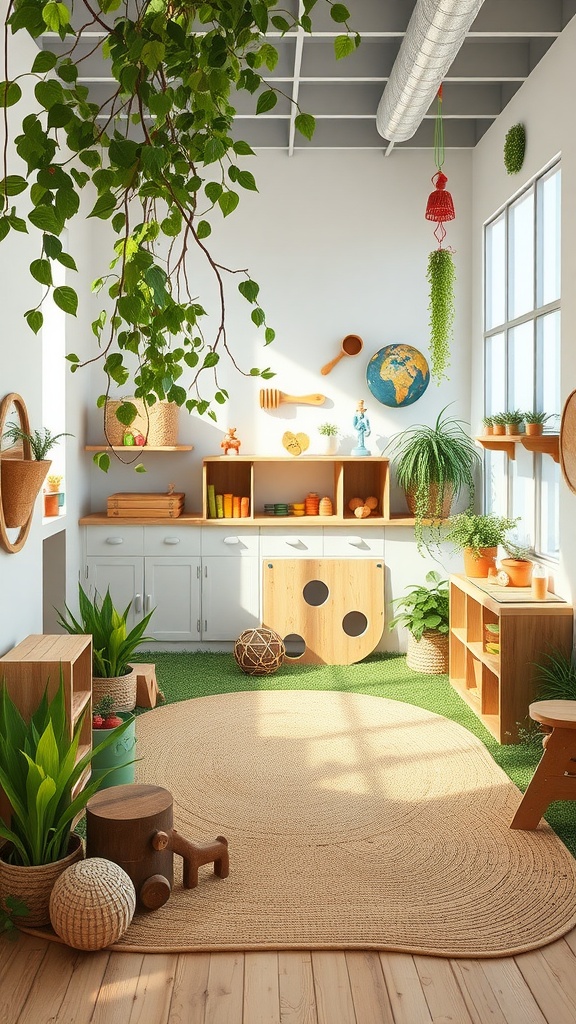 A bright playroom filled with plants, wooden shelves, and natural decor.