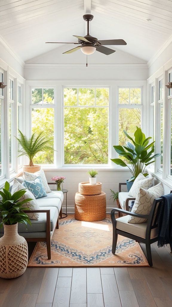 A bright and cozy sunroom with comfortable seating, plants, and natural light.