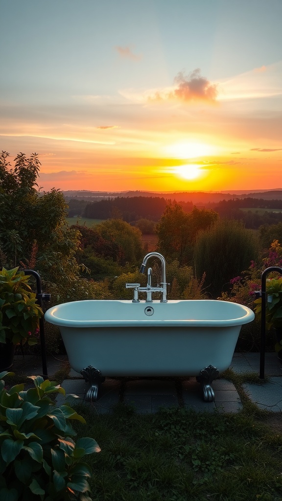 Outdoor bathtub surrounded by greenery and sunset