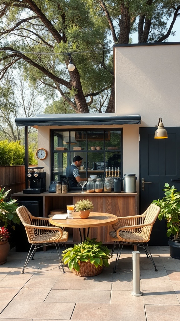 An outdoor coffee station with a barista, comfortable seating, and surrounding plants.
