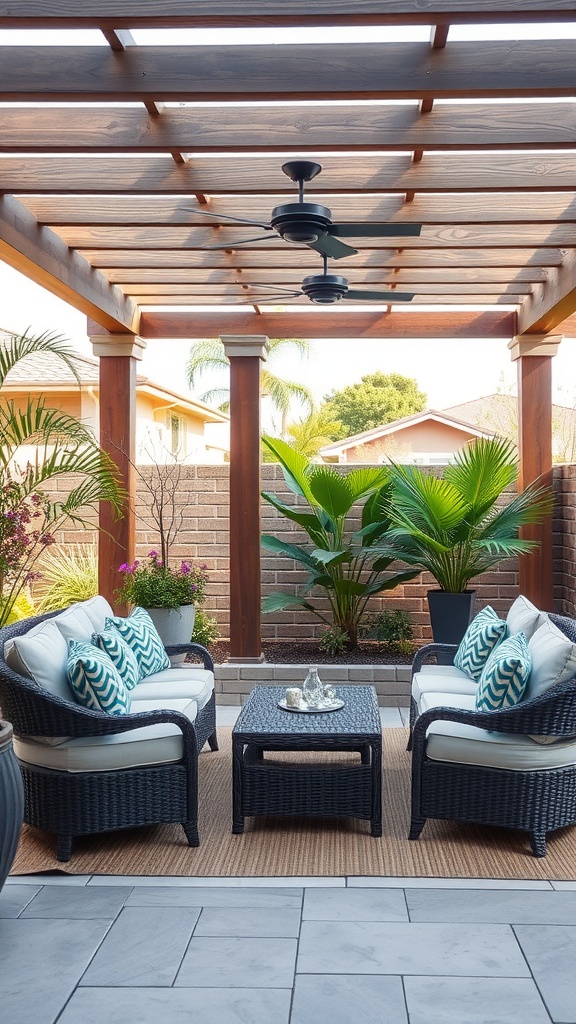 A stylish pergola patio featuring comfortable seating, potted plants, and a ceiling fan.