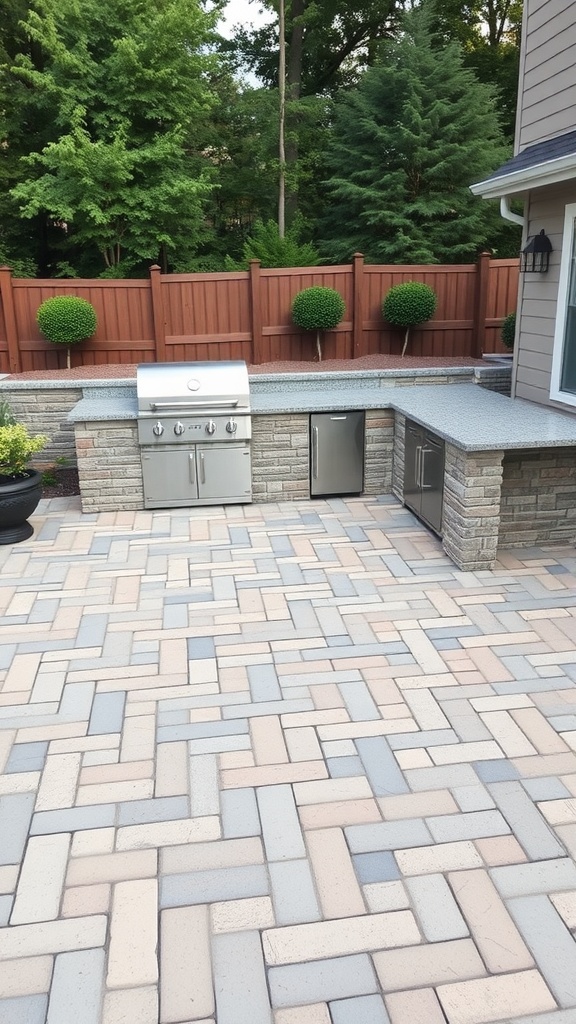 Outdoor kitchen with grill and compact refrigerator on a paver patio surrounded by greenery