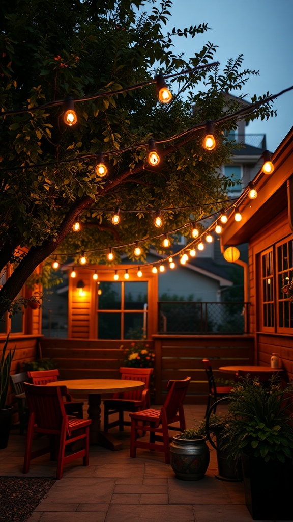 A cozy patio with warm string lights, wooden furniture, and plants