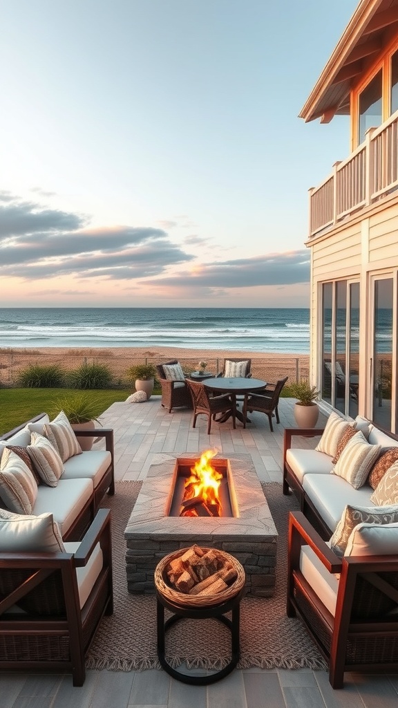 Cozy outdoor living space with seating around a fire pit, overlooking the beach.