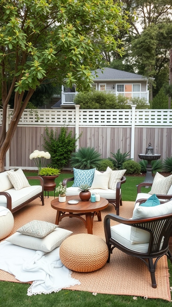 Cozy outdoor lounge area with plush furniture and decorative cushions