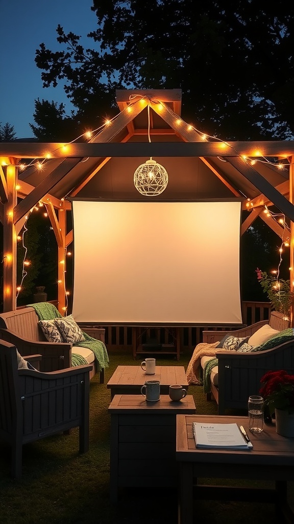 A cozy outdoor gazebo set up for a movie night, featuring a large screen, comfortable seating, and decorative lights.