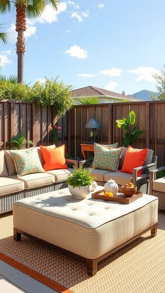 Outdoor seating area with a comfortable ottoman and colorful throw pillows.