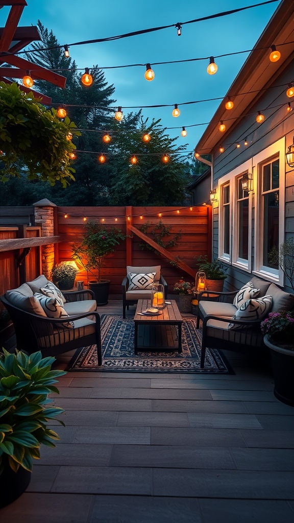 Cozy outdoor patio with string lights and comfortable seating