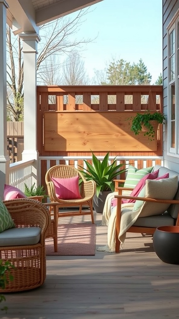 Cozy outdoor seating nook with chairs, cushions, and plants.