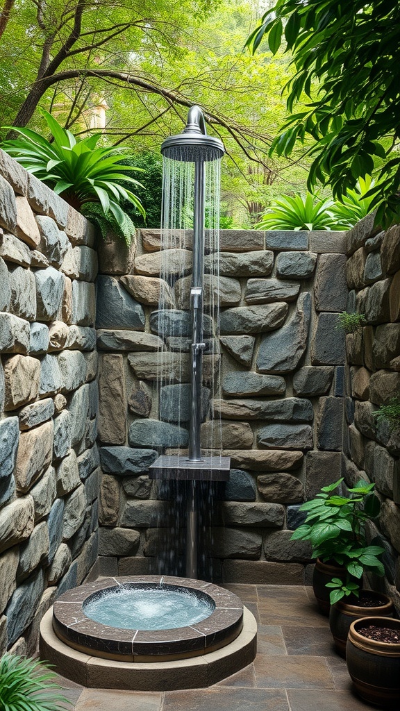Outdoor stone shower surrounded by greenery