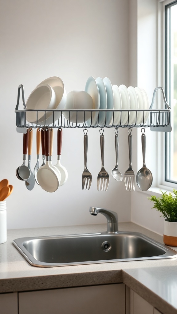 Over-the-sink drying rack with plates and utensils hanging above a kitchen sink