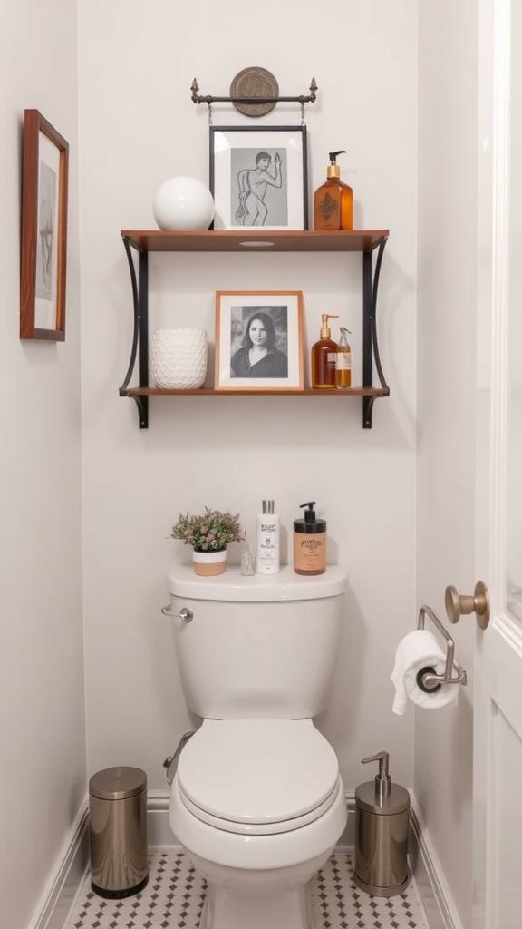 Stylish over-the-toilet storage featuring wood shelves with decor and toiletries.